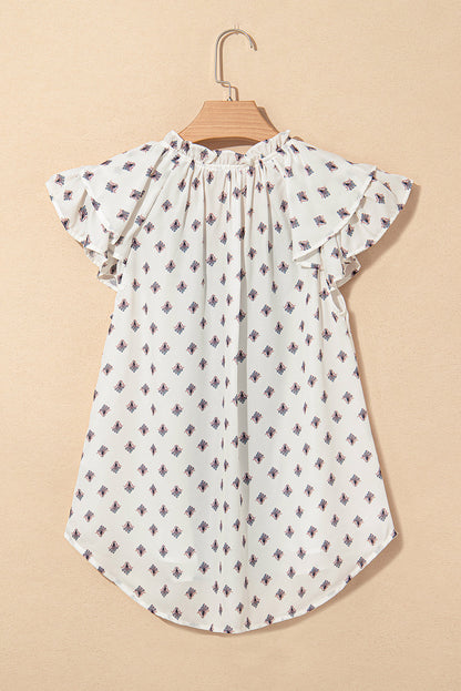 Aria Boho Pattern Ruffled Sleeve V Neck Buttoned Blouse