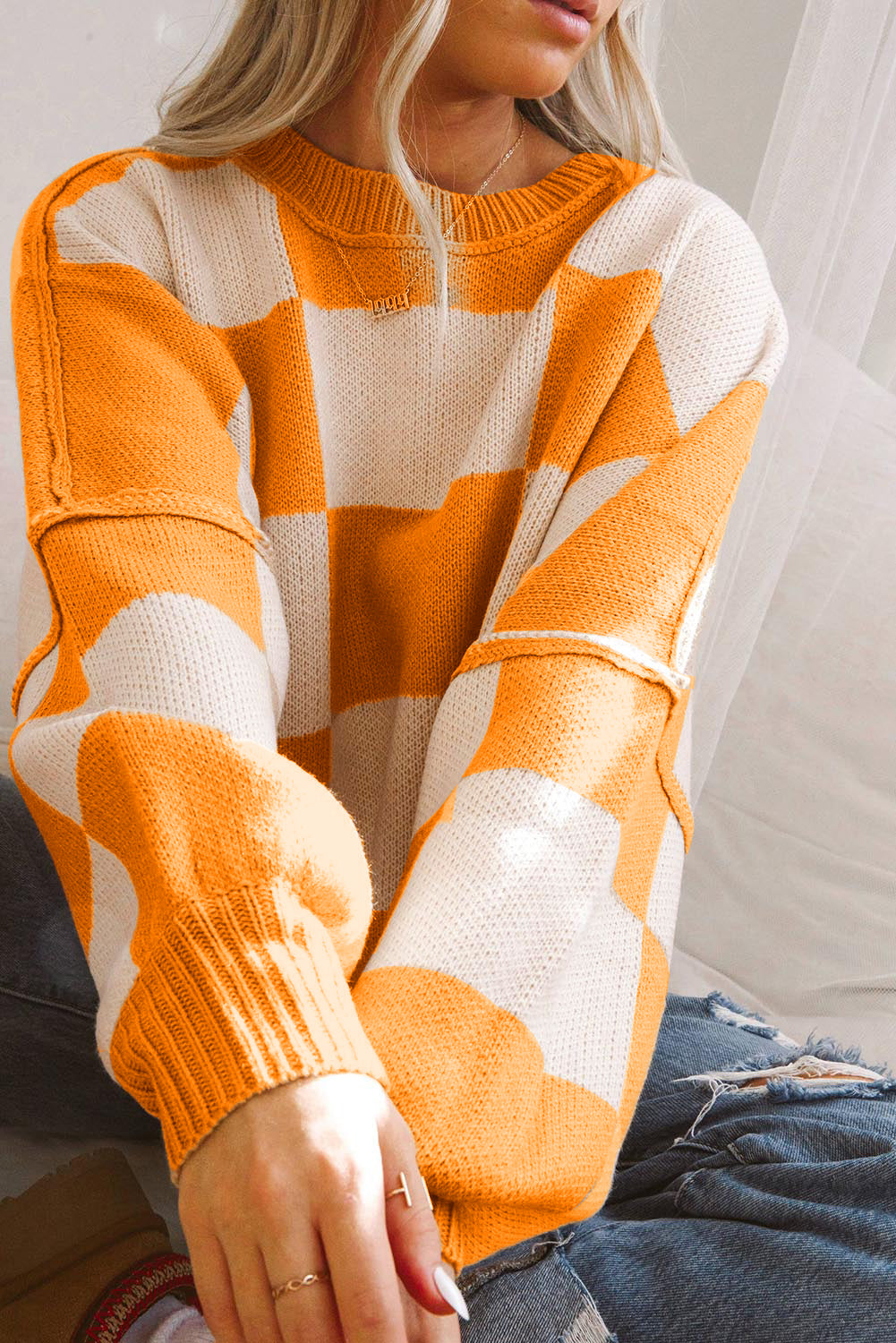 Orange Checkered Bishop Sleeve Sweater Aaria Tees