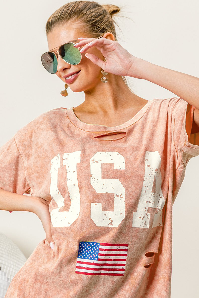 BiBi Washed American Flag Graphic Distressed T-Shirt - Aaria Tees