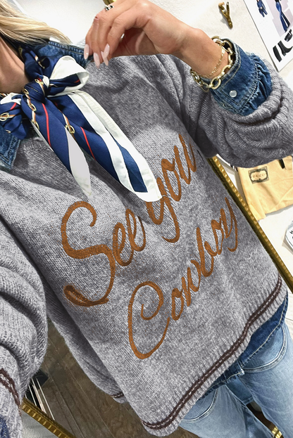 Coffee See You Cowboy Embroidered Western Graphic Sweater