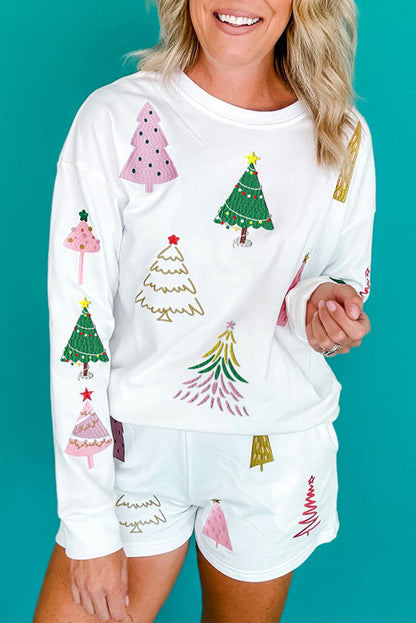 White Christmas Tree Long Sleeve Top and Shorts Pajama Set