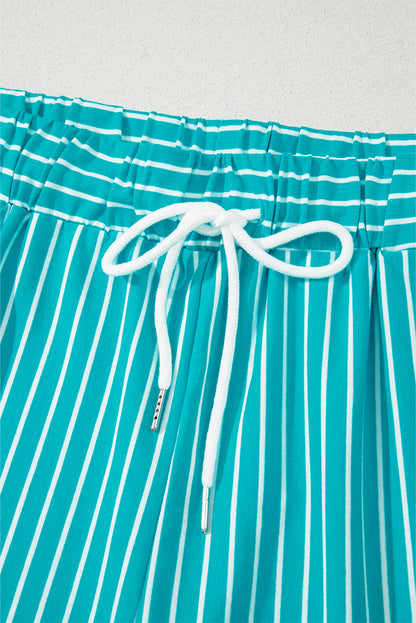 Sky Blue Stripe V Neck Tee and Casual Short Set