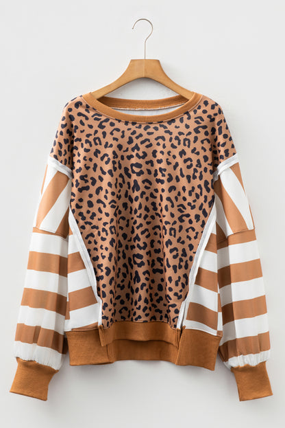 Purple Stripe Color Block Patchwork Leopard Casual Sweatshirt with Slits