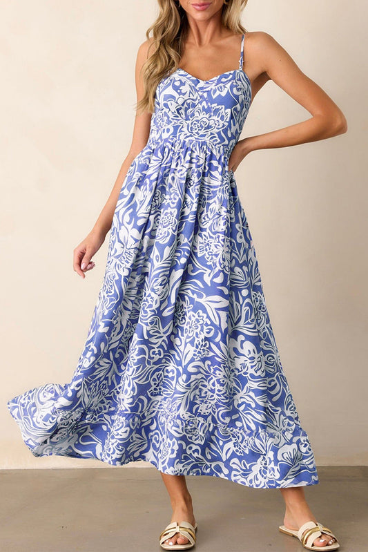 Sky Blue Floral Print Spaghetti Strap High Waist Maxi Dress Aaria Tees