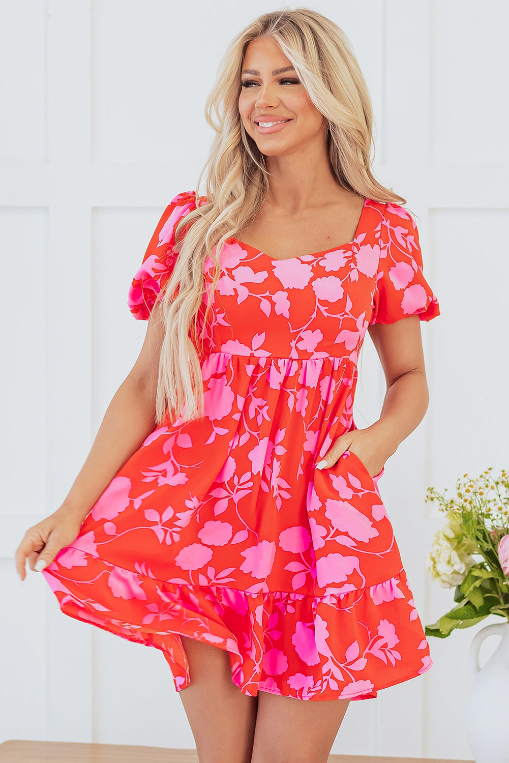 Red Floral Bubble Sleeve Sweetheart Neck Ruffled Mini Dress Aaria Tees