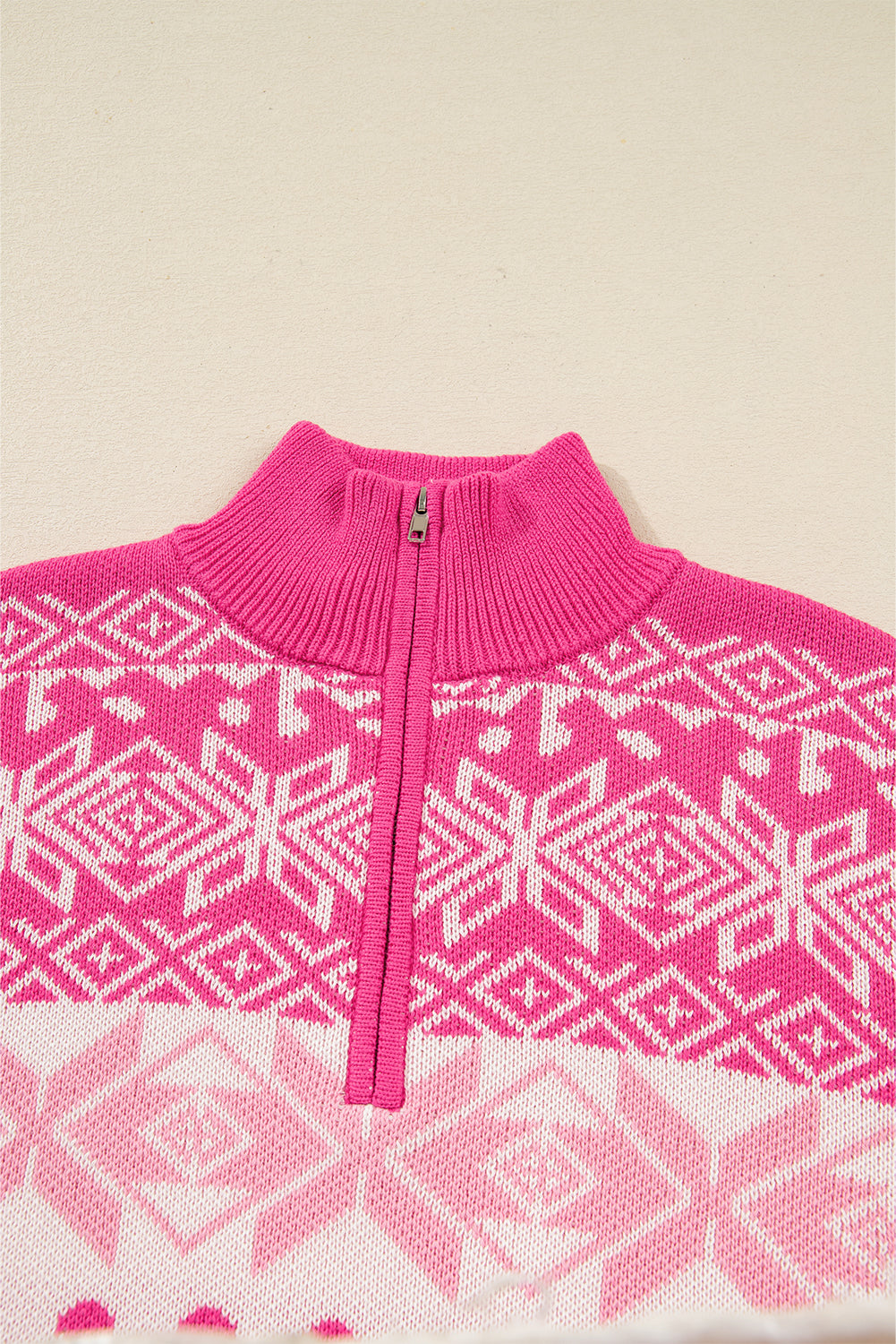 Rose Red Christmas Snowflake Quarter Zip Collard Sweater