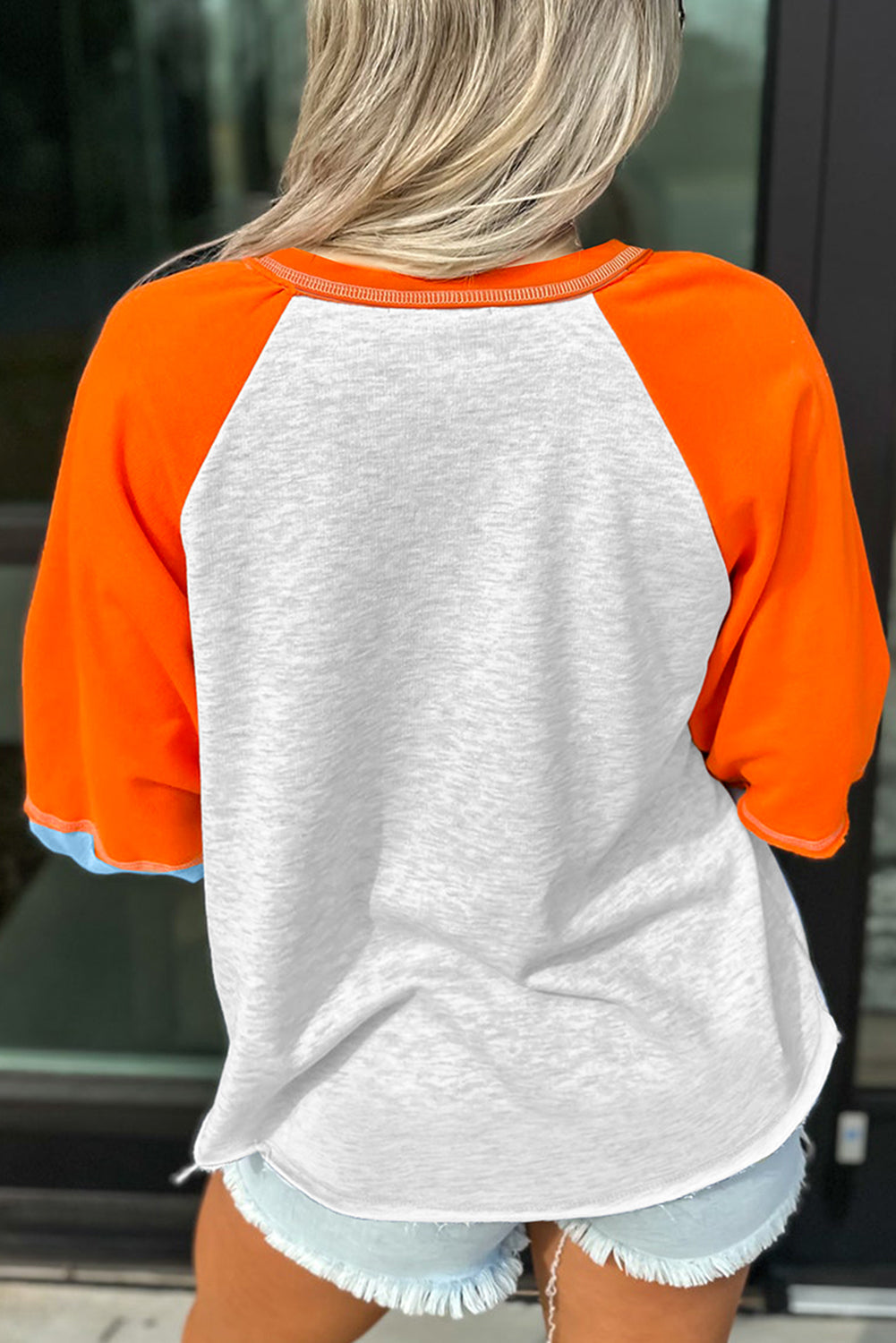 Light Grey HELLO PUMPKIN Patched Graphic Colorblock Bubble Sleeve Raglan Top