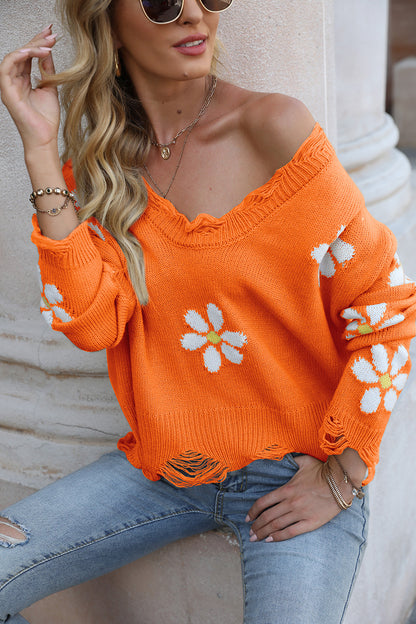 Flower Distressed Long Sleeve Sweater