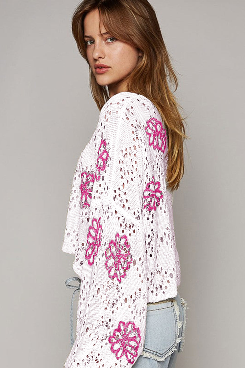 White Contrast Flower Print Eyelet Drop Shoulder Sweater Aaria Tees