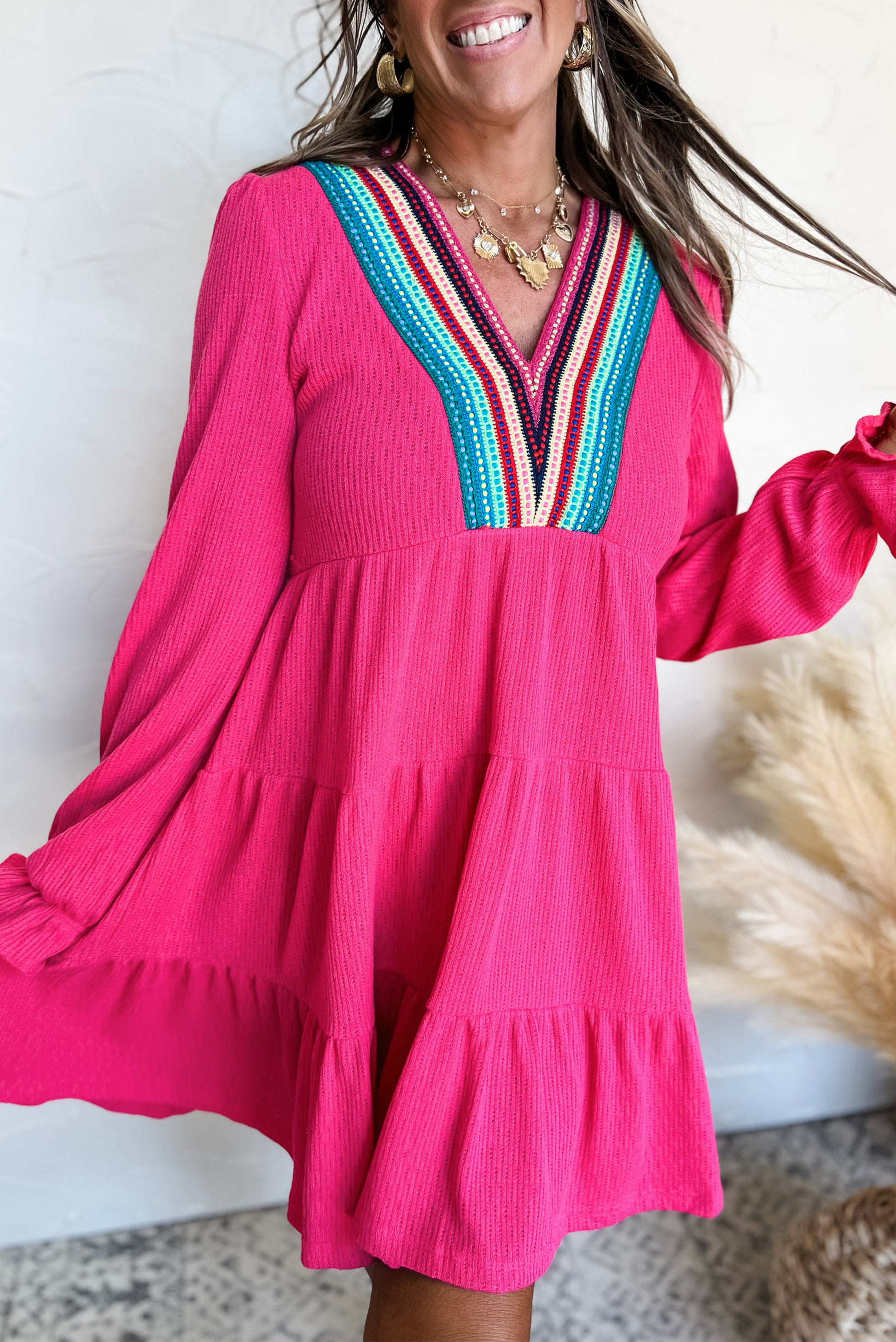 Rose Red Colorful Crochet V Neck Textured Tiered Ruffled Long Sleeve Mini Dress - Aaria Tees