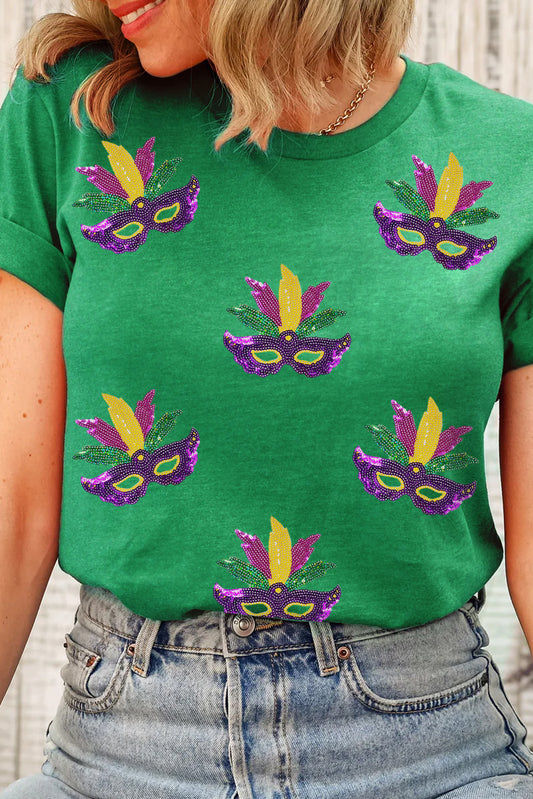 Bright Green Sequin Mardi Gras Mask Patched Pattern Crewneck Tee - Aaria Tees