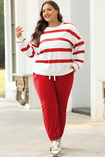 Brown Stripe Striped Drop Shoulder Pullover and Jogger Pants Set - Aaria Tees