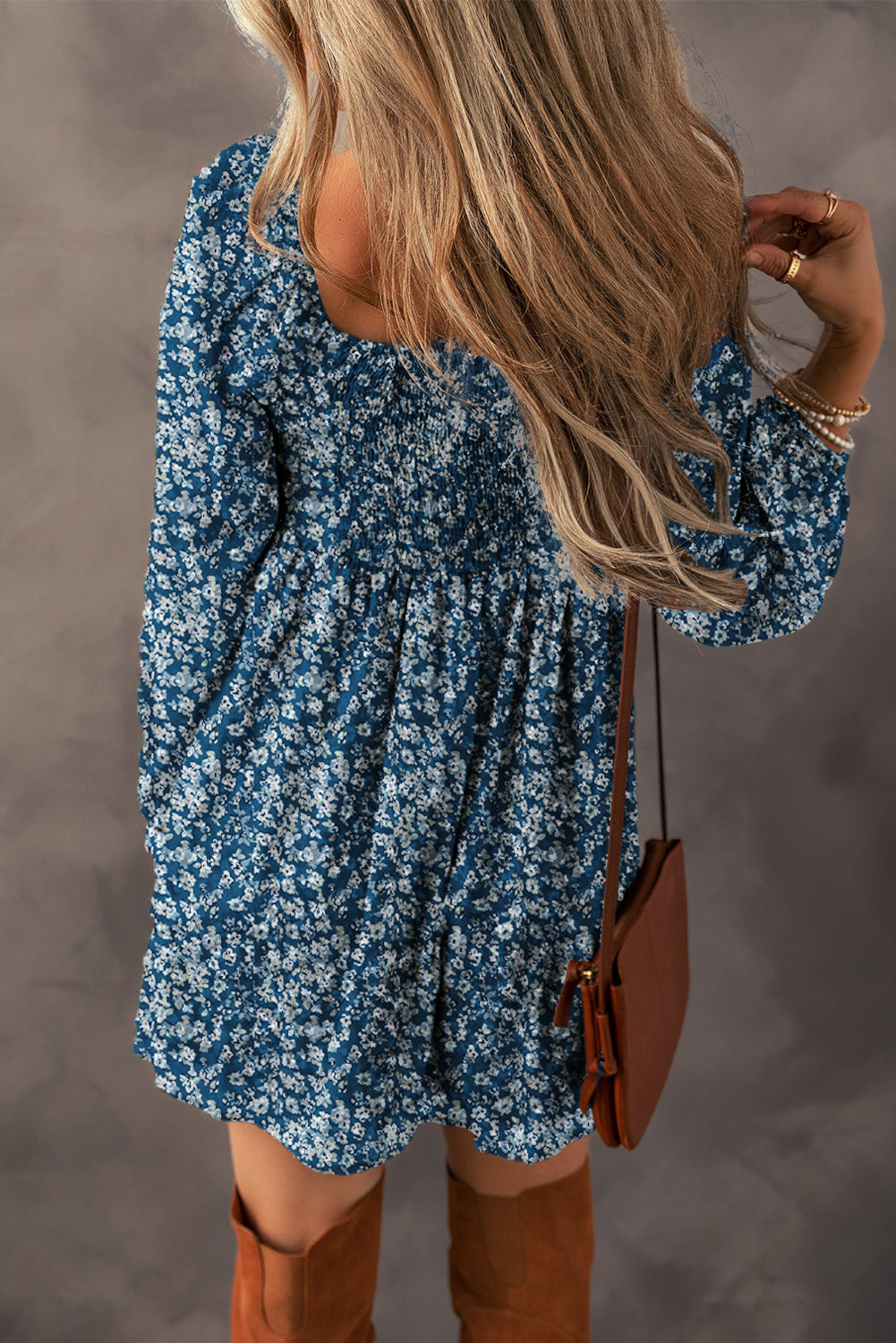 Blue Floral Print Sweetheart Neck Shirred Back Mini Dress Aaria Tees