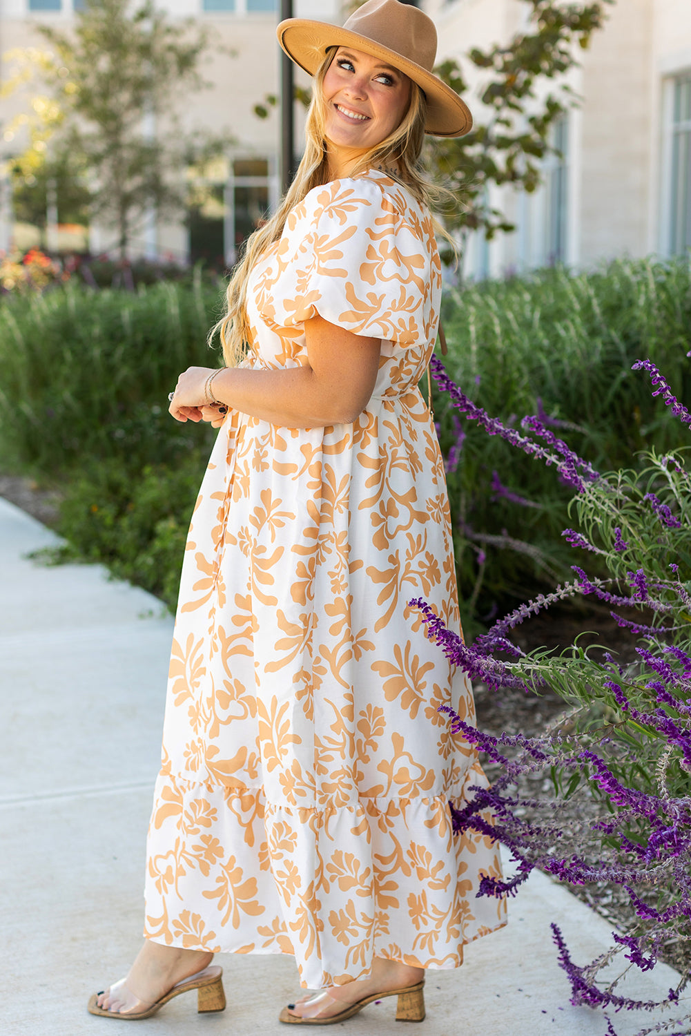 Apricot Floral Print Puff Short Sleeve Resort Plus Size Maxi Dress Aaria Tees