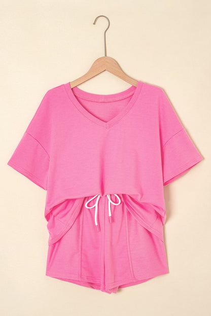 Solid V-Neck Tee and Drawstring Shorts Set