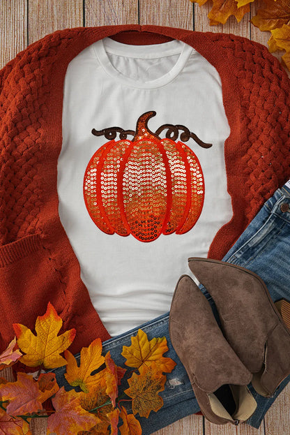 Full Size Sequin Pumpkin Round Neck Short Sleeve T-Shirt - Aaria Tees