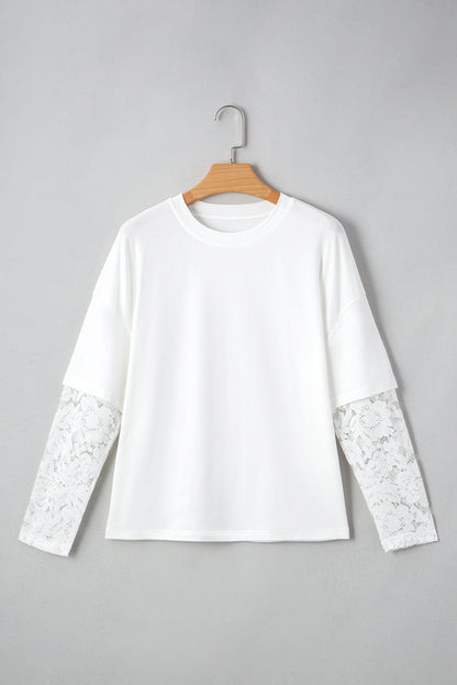 Lace Insert Long Sleeve Drop Shoulder Tee