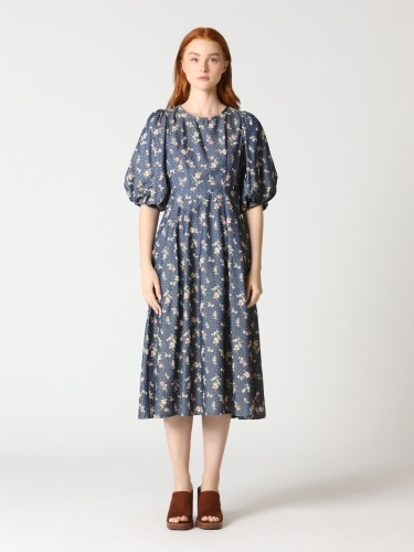 Floral Print Puff Sleeve Round Neck Long Dress - Gracia D32724 - Aaria Tees
