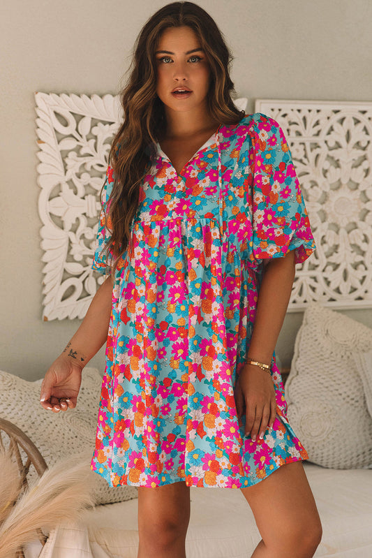 Sky Blue Floral Print Tie Split Neck Bubble Sleeve Babydoll Dress Aaria Tees