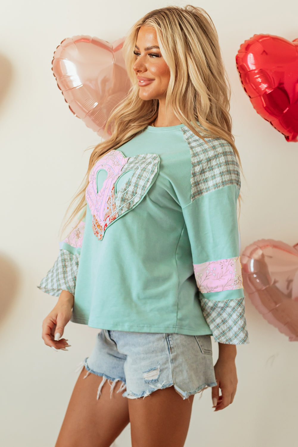 Clearly Aqua Plaid Floral Peace Heart Graphic Wide Long Sleeve Top - Aaria Tees