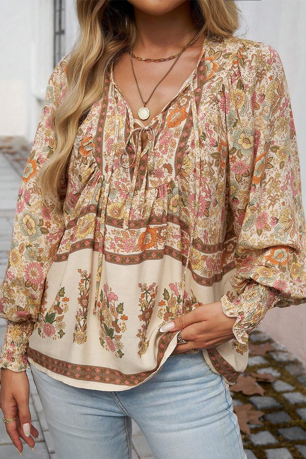Yellow Floral Print Tie Neck Lantern Sleeve Blouse Aaria Tees