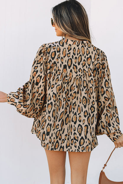 Jet Stream Oversized Leopard Print Balloon Sleeve Casual Shirt - Aaria Tees