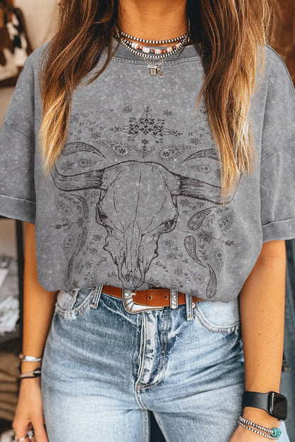 Light Grey Western Steer Head Tie Dye Print Crew Neck T Shirt Aaria Tees