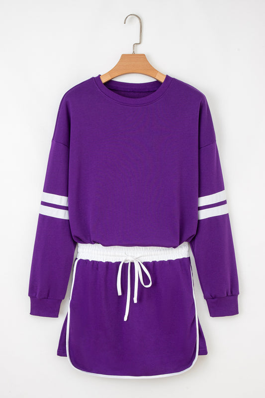 Tillandsia Purple Varsity Stripe Detail Drop Shoulder Pullover Mini Skirt Set