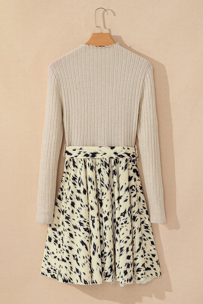 Leopard Patchwork Ribbed Knit Belted Dress