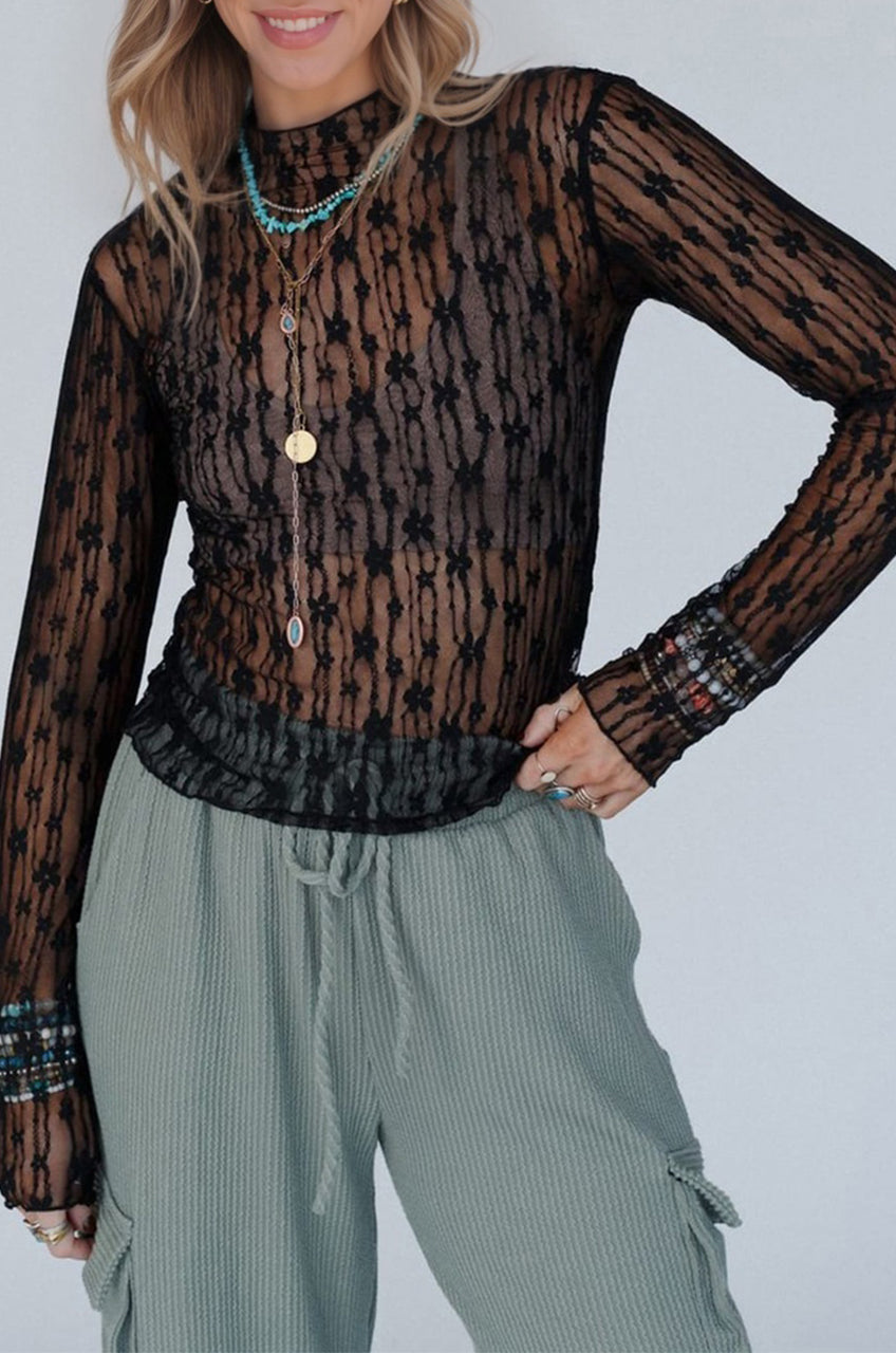 Ashleigh Blue Sheer Floral Lace Long Sleeve Slim Fit Top