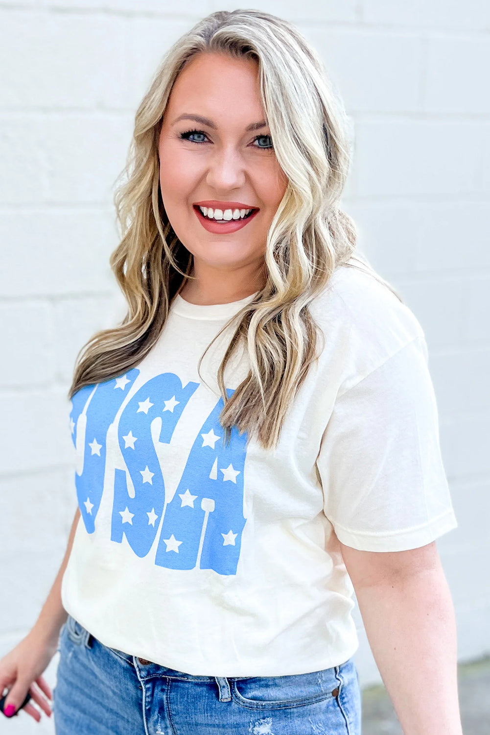 Sky Blue USA Graphic Crewneck Plus Size Patriotic Tee Aaria Tees