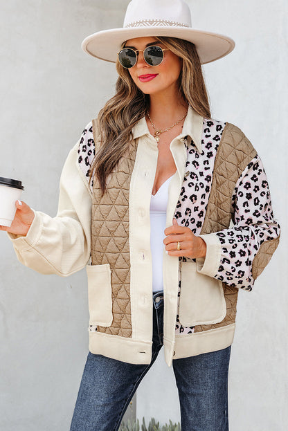 Leopard Waffle Quilted Patchwork Button Front Jacket