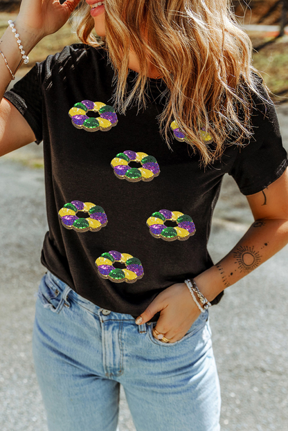 White Sequined Mardi Gras Pattern Crew Neck Short Sleeve Top - Aaria Tees