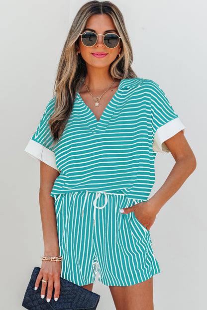 Sky Blue Stripe V Neck Tee and Casual Short Set