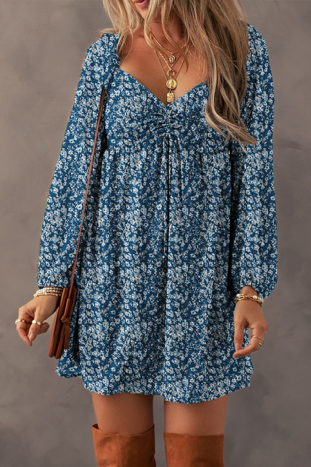 Blue Floral Print Sweetheart Neck Shirred Back Mini Dress Aaria Tees