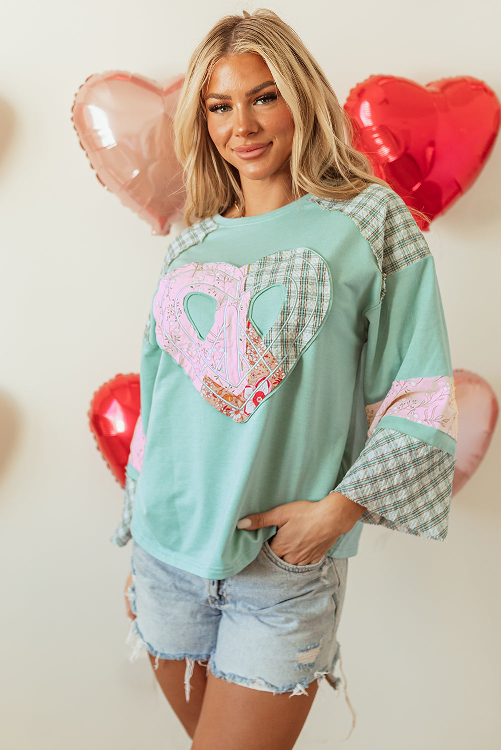 Clearly Aqua Plaid Floral Peace Heart Graphic Wide Long Sleeve Top - Aaria Tees