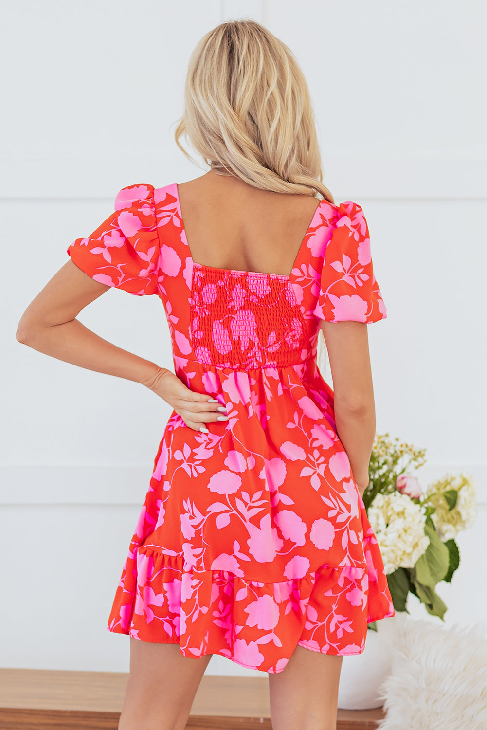 Red Floral Bubble Sleeve Sweetheart Neck Ruffled Mini Dress Aaria Tees