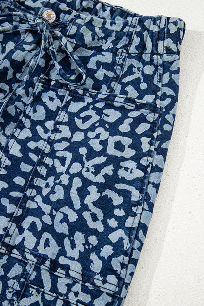 Blue Leopard Printed Drawstring Waist Pocketed Wide Leg Jeans