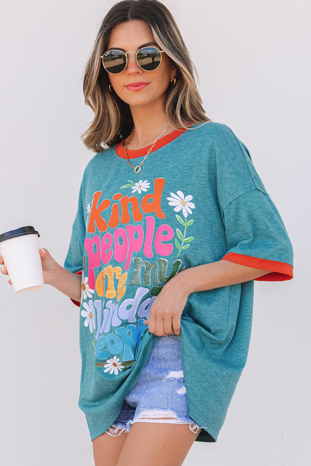 Dusk Blue Kind People are My Kind People Graphic Oversized Tee Aaria Tees