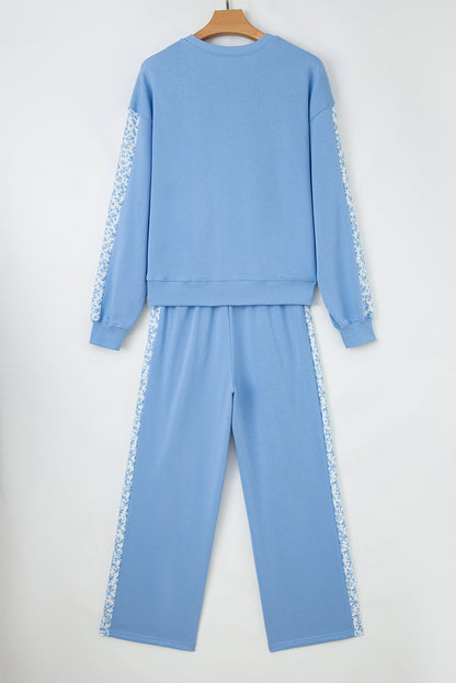 Beau Blue Floral Patchwork Drop Shoulder Pullover and Sweatpants Lounge Set