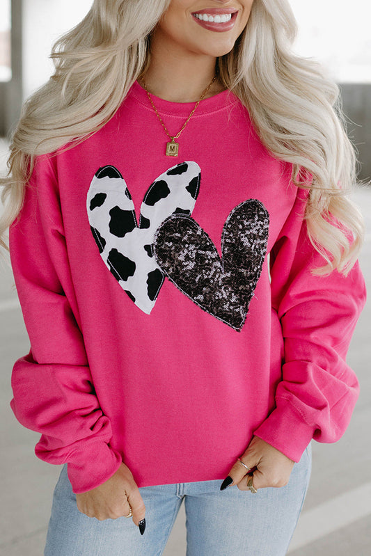 Strawberry Pink Cow & Sequin Double Heart Patch Graphic Sweatshirt - Aaria Tees