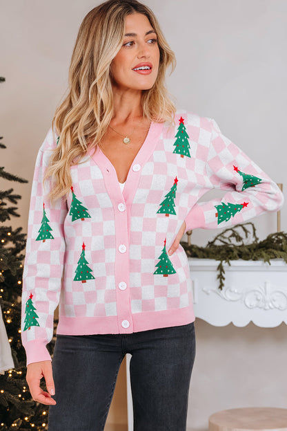 Checker Christmas Tree Buttoned V-Neck Cardigan Sweater