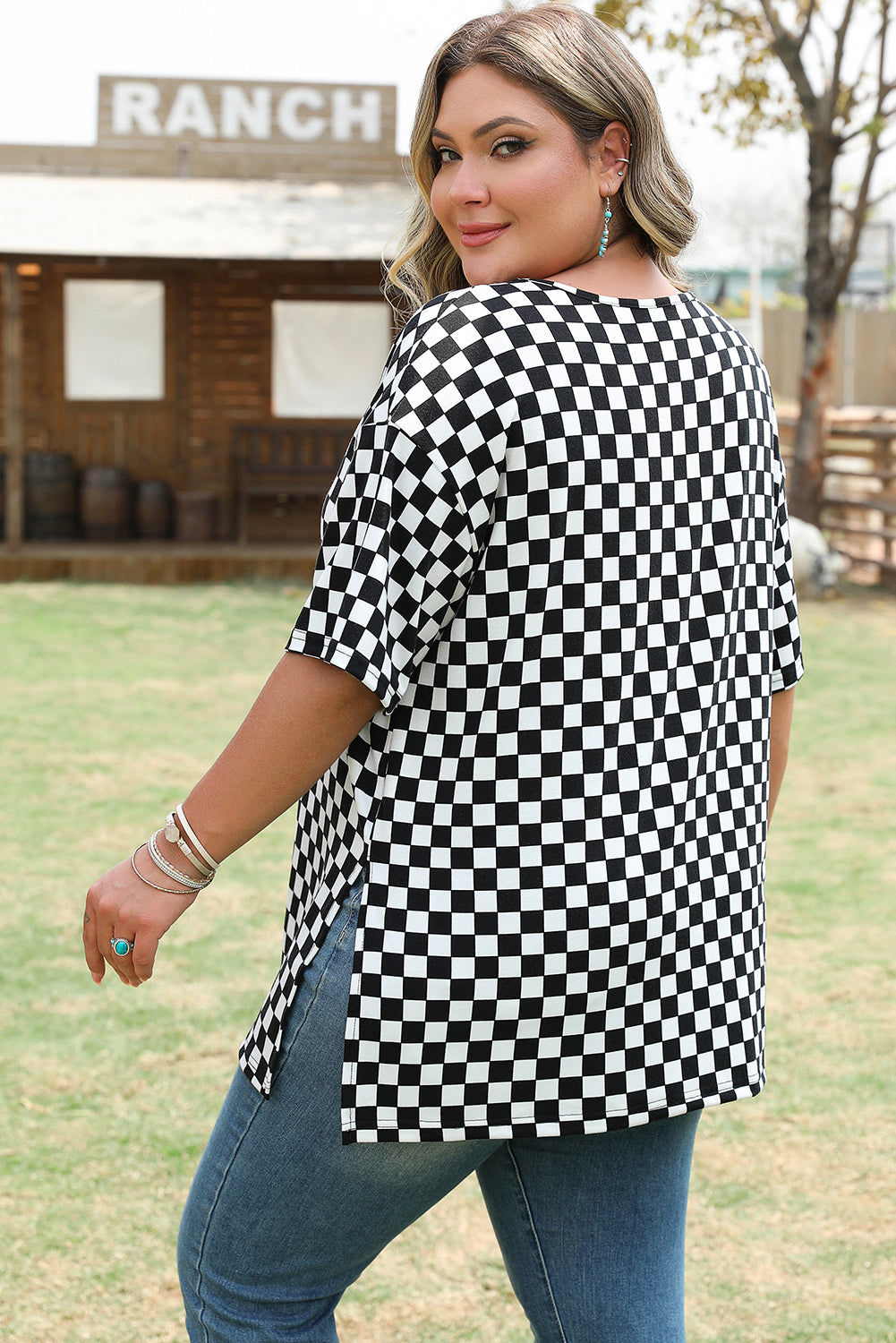 Black Checkered Print Side Slits O Neck Plus Size T Shirt - Aaria Tees