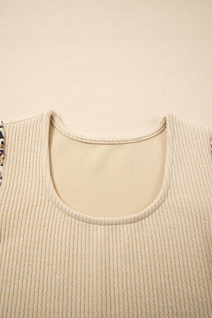 Leopard Patchwork Sleeve Ribbed Knit Scoop Neck Top