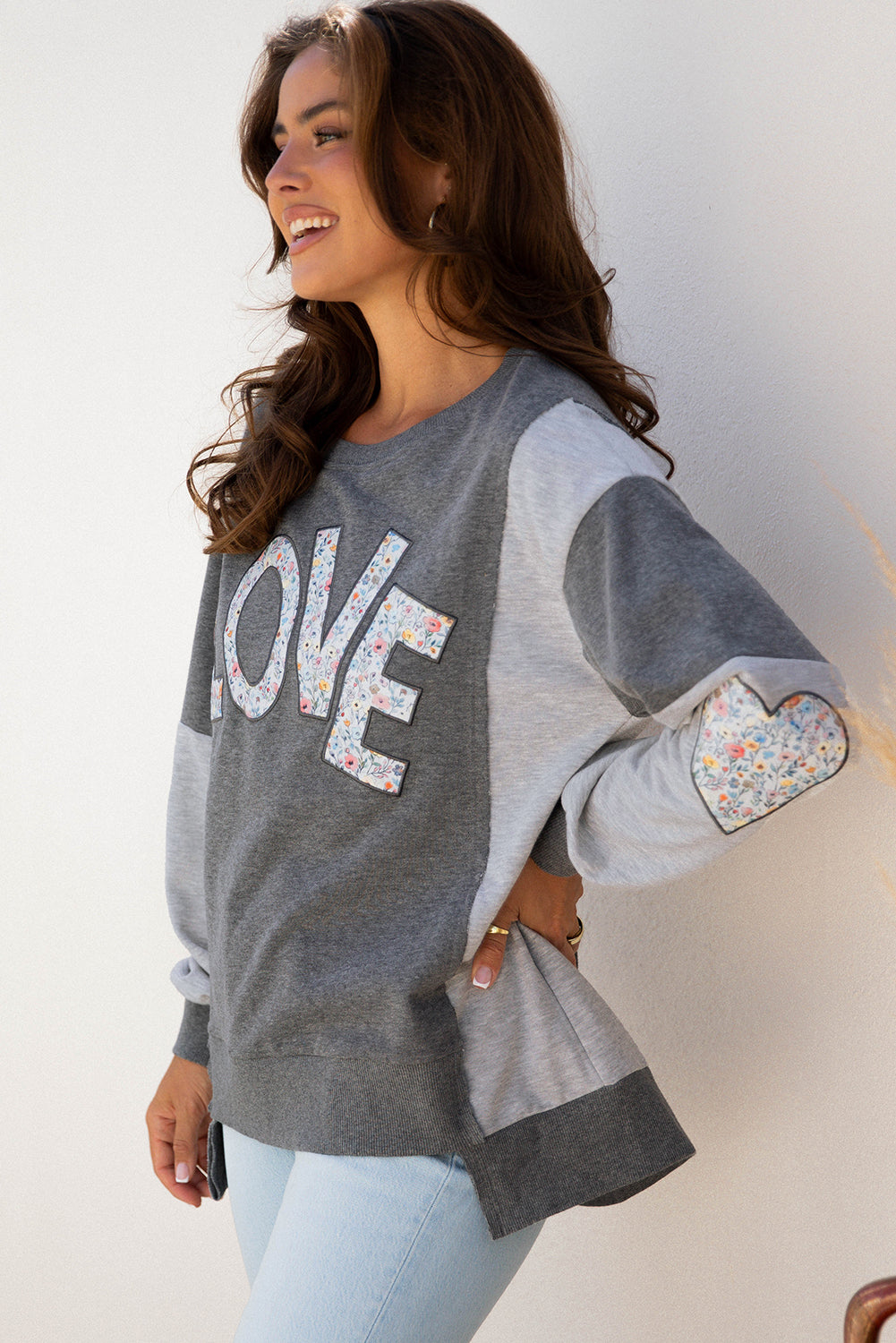Floral LOVE Reverse Seam Patchwork Long Sleeve Sweatshirt