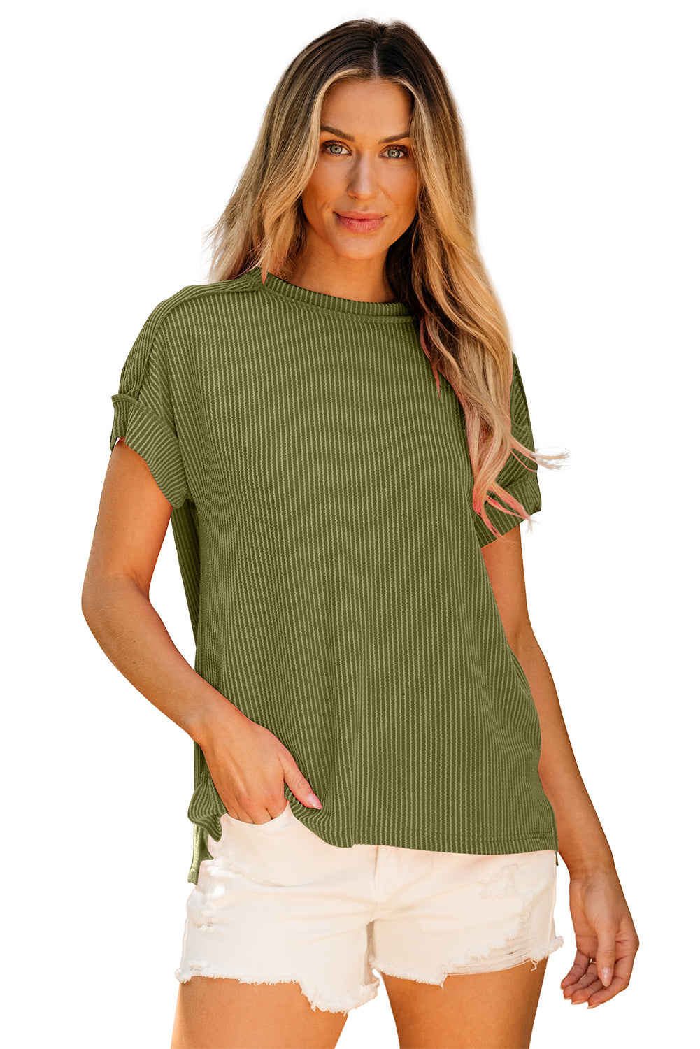 Jungle Green Textured Knit Exposed Stitching T-shirt