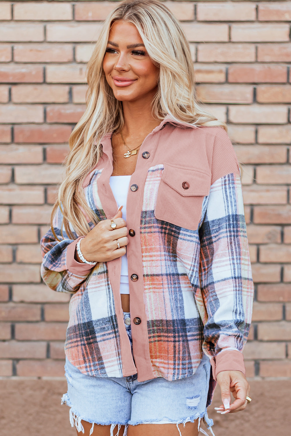 Nancy Plaid Corduroy Patchwork Shacket - Aaria Tees