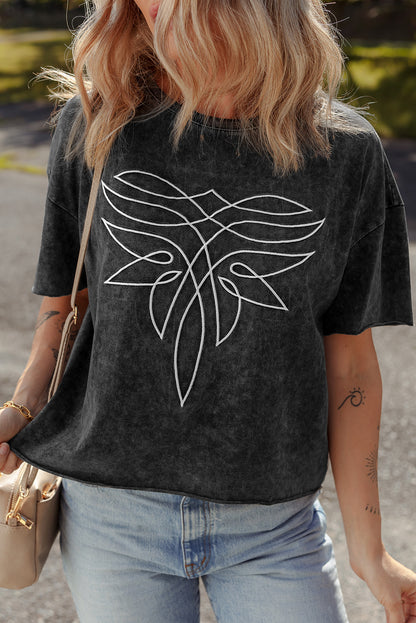 Black Floral Embroidered Mineral Wash Crew Neck T Shirt