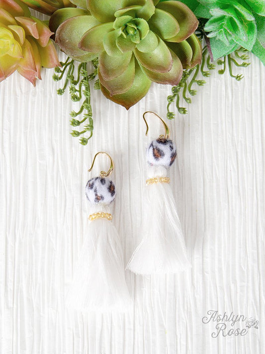 Leopard Pom Pom Tassel Earrings, White Aaria Tees
