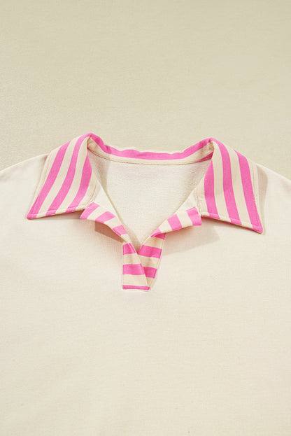 Pink Stripe Contrast Polo Collar Drop Shoulder Patchwork Plus Size Pullover